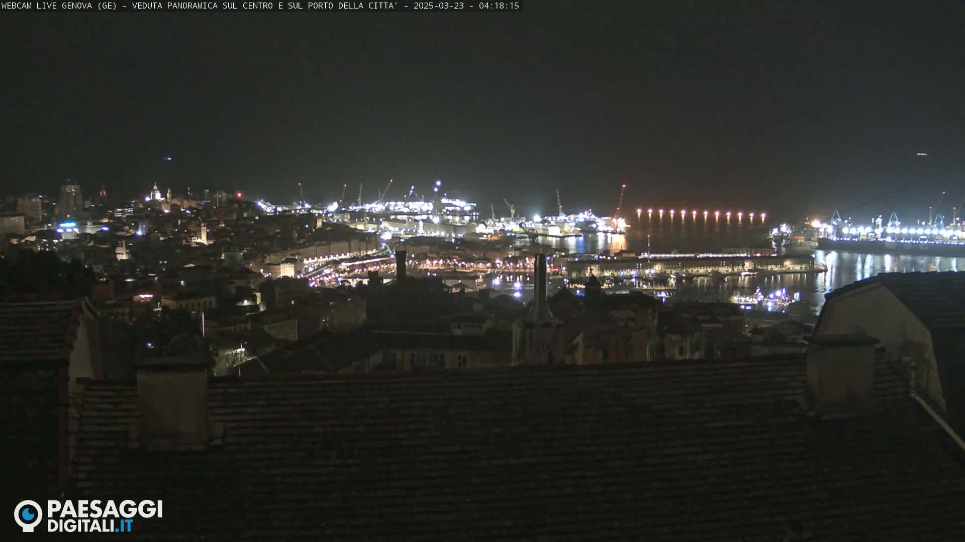 A nighttime panoramic view of a brightly lit city and harbor, with many ships and buildings illuminated.