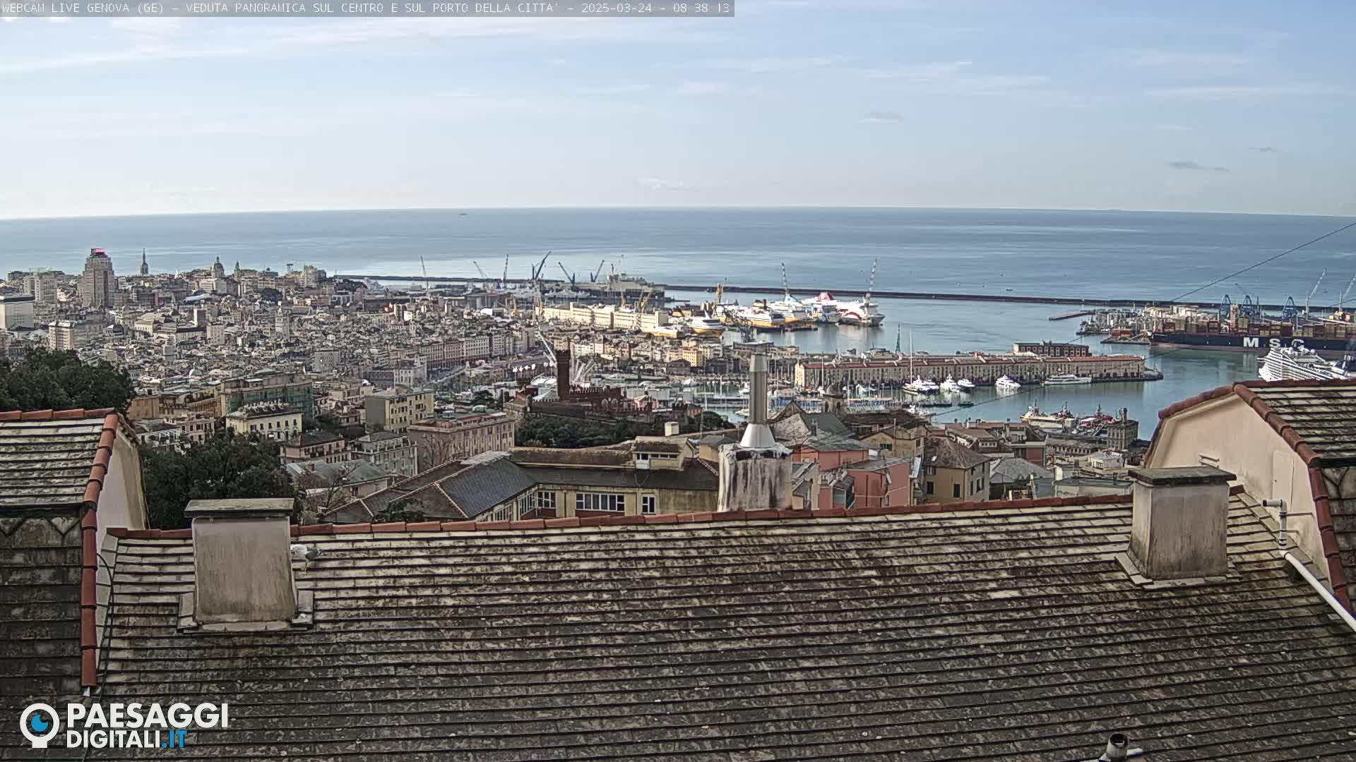 A panoramic view of a city and harbor on a clear day, extending to a calm ocean in the distance.