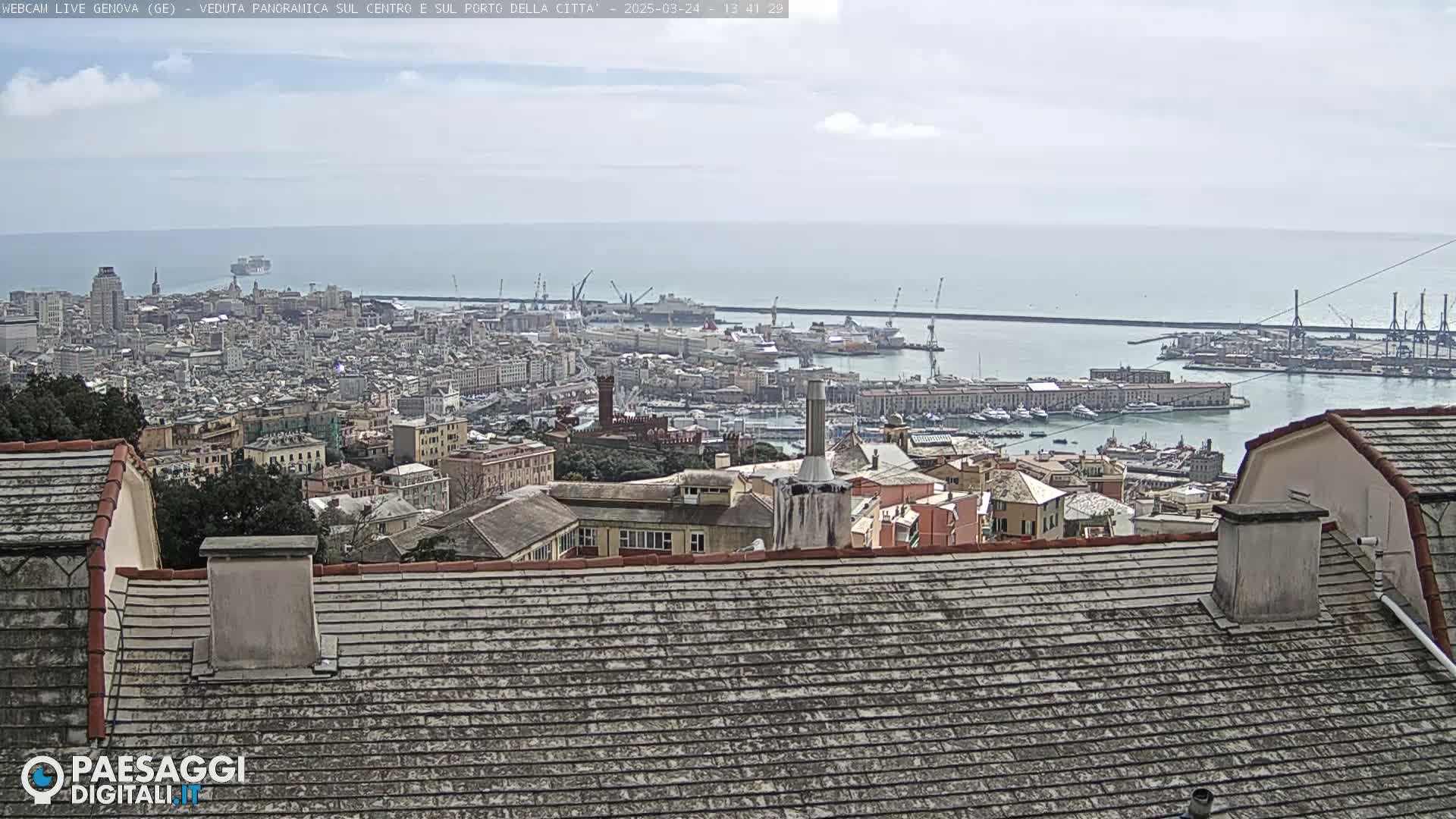 A panoramic view of a city and harbor under partly cloudy skies, seen from a rooftop with weathered gray tiles.