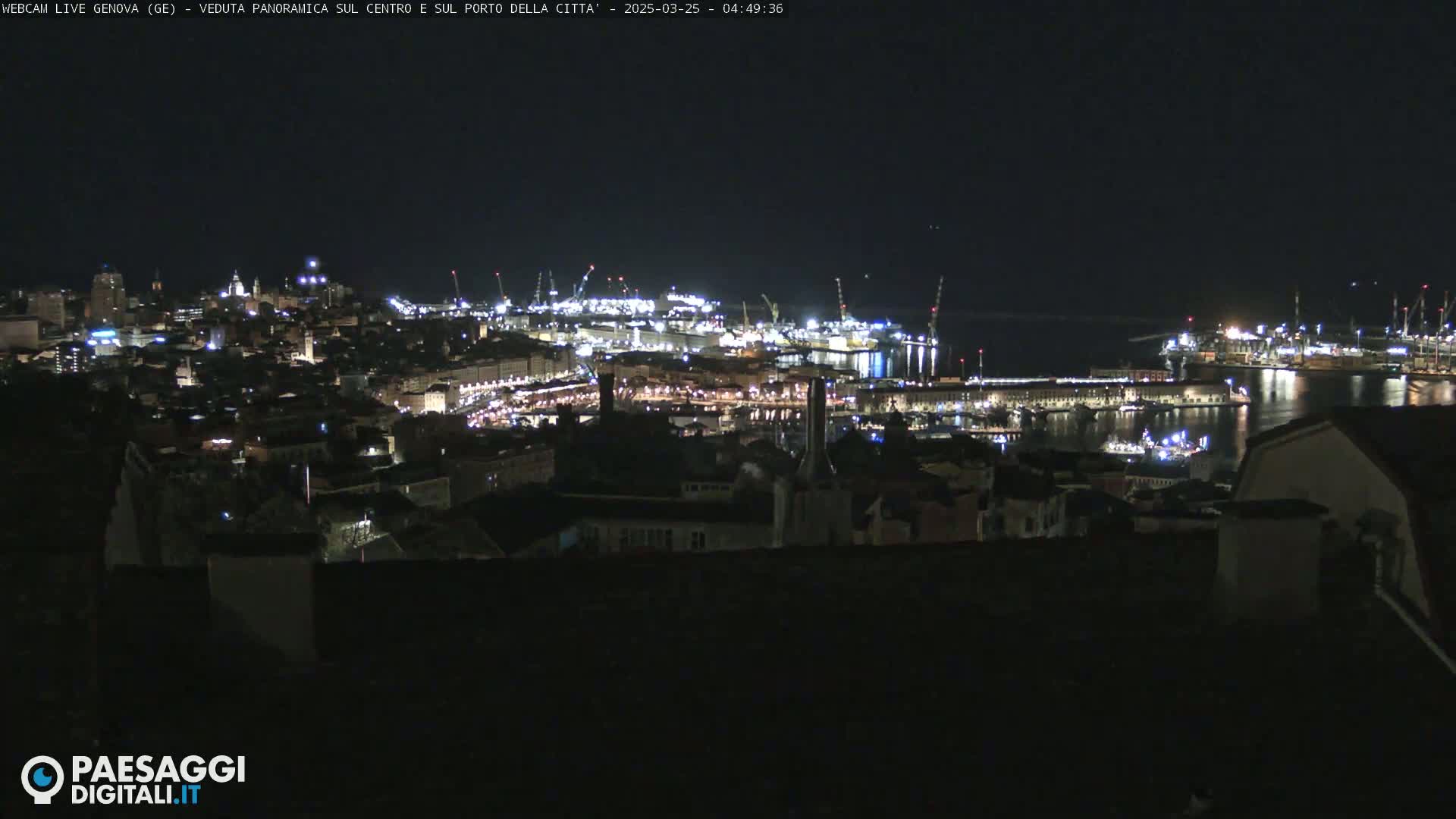 A nighttime, panoramic view of a city and harbor, illuminated with lights.