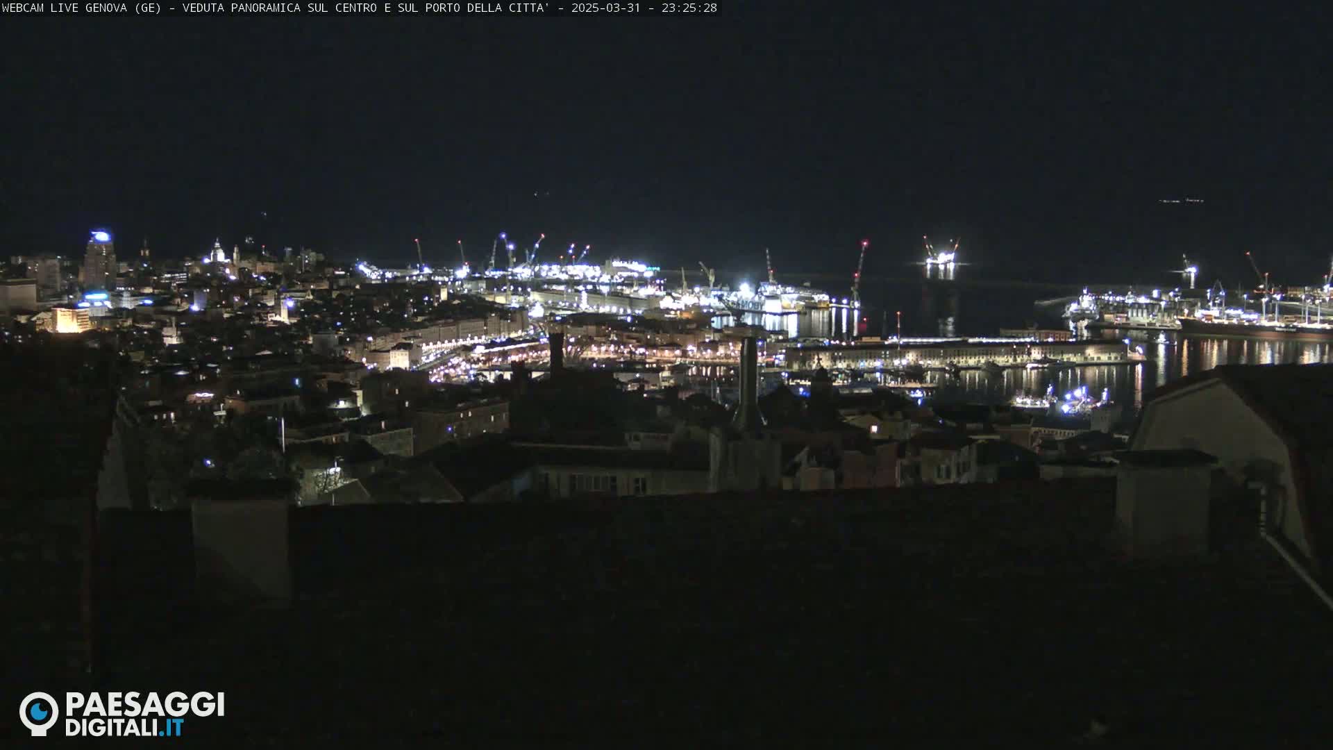 A nighttime, panoramic view of a city's illuminated harbor and cityscape.