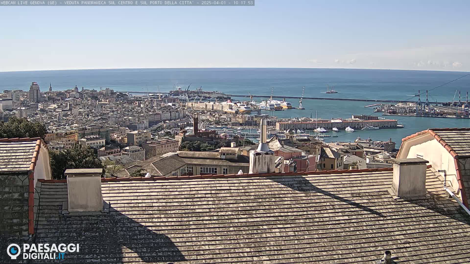 A panoramic view of a city and harbor on a sunny day, seen from a rooftop overlooking the Mediterranean Sea.