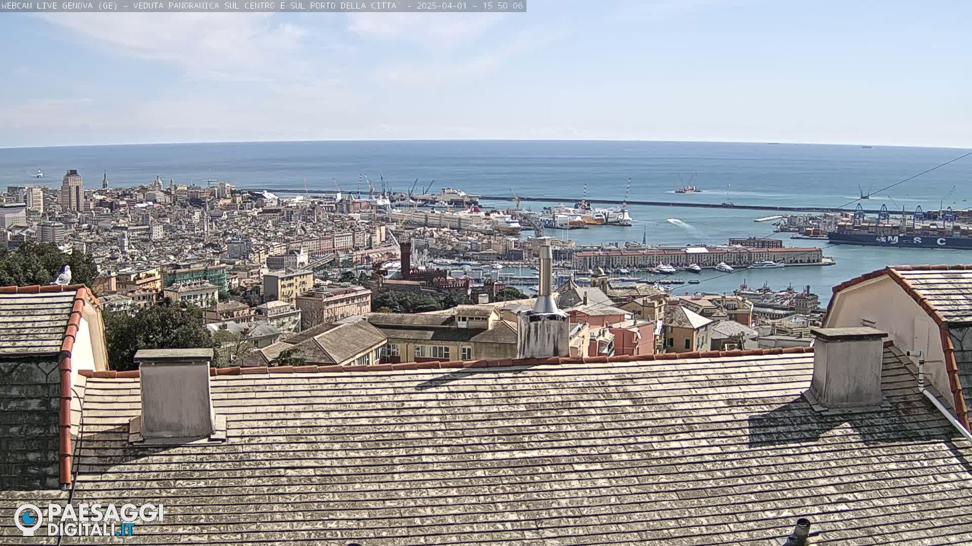 A panoramic view of a city's harbor and cityscape on a sunny day, seen from a rooftop overlooking the sea.