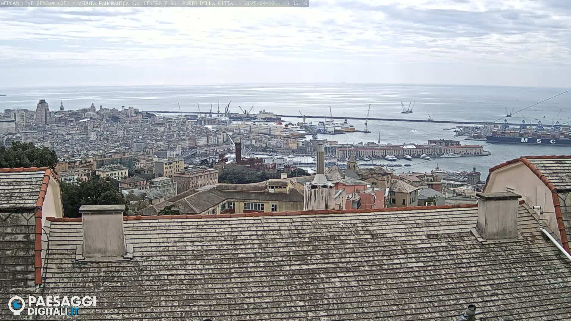 A panoramic view of a city and its harbor on an overcast day, seen from a rooftop.