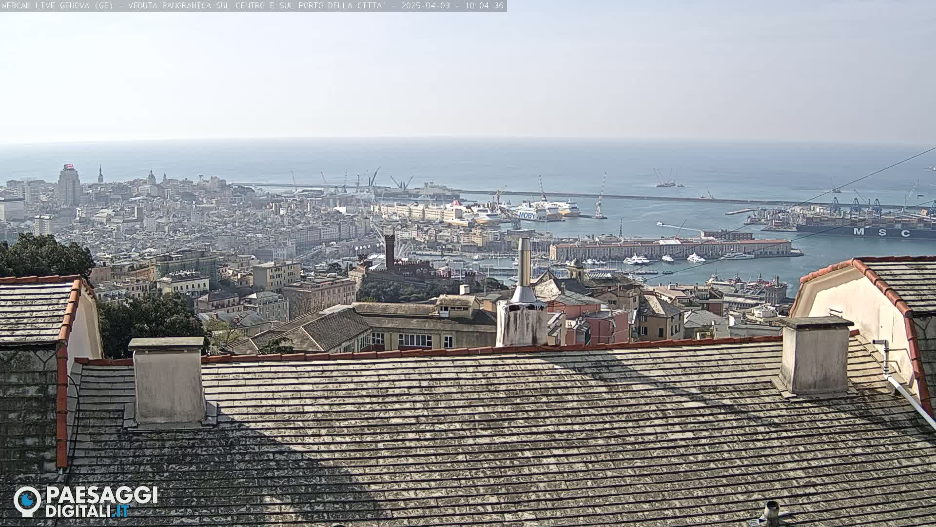 A panoramic view of a city harbor and coastline on a clear, sunny day, seen from a hilltop vantage point, shows rooftops in the foreground and a sprawling cityscape extending to a busy port with numerous ships.
