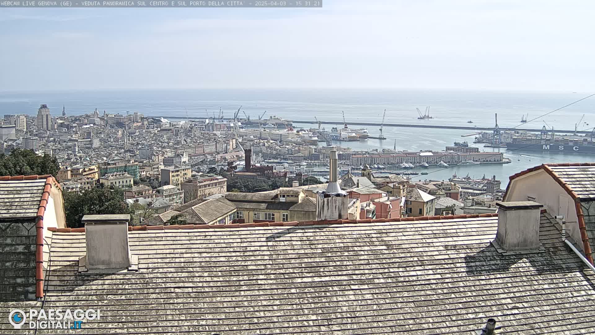 A panoramic view of a city and harbor on a sunny day, seen from a rooftop with a view overlooking a vast body of water.