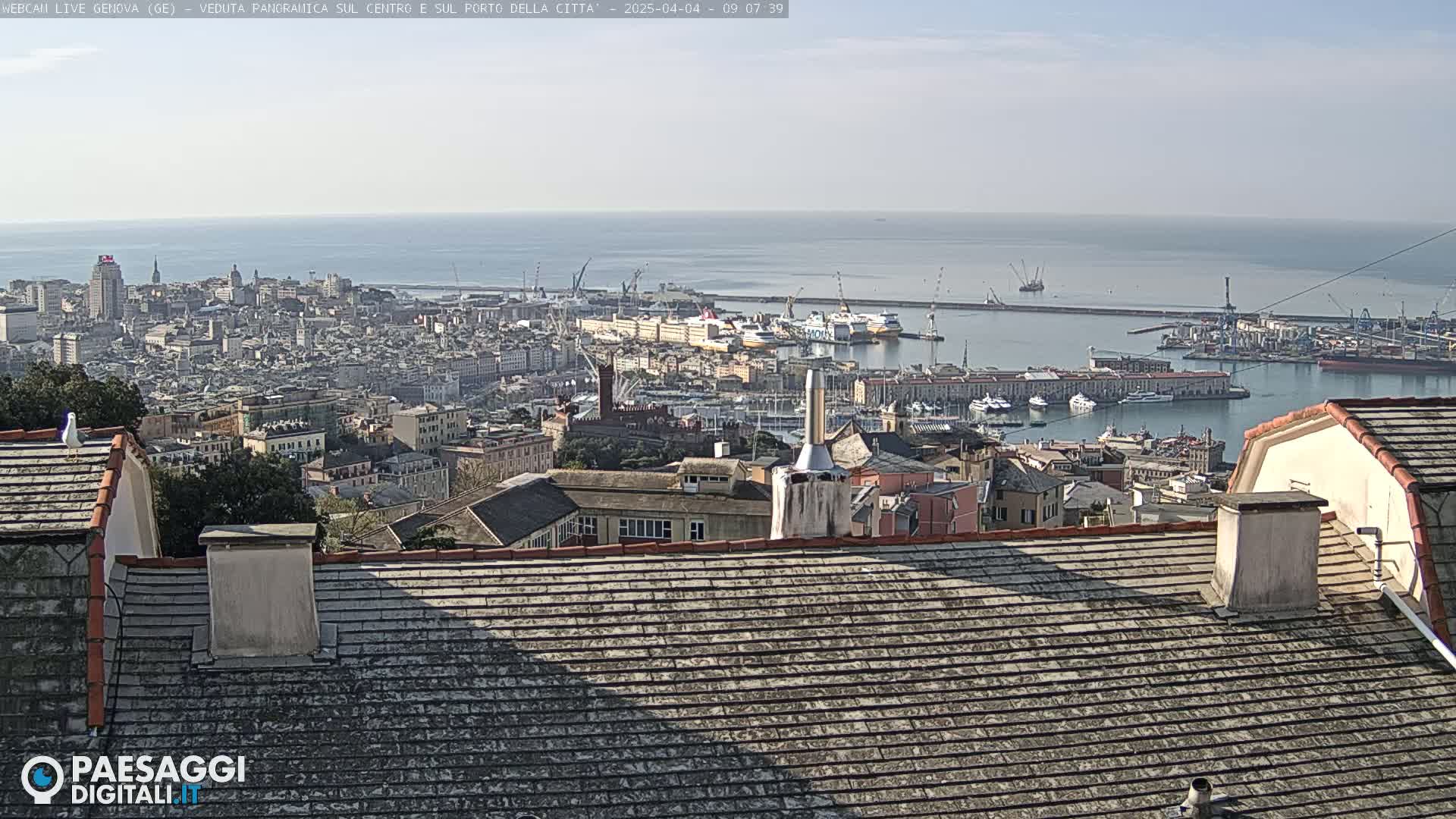A panoramic view of a city's harbor and cityscape under a mostly clear sky, seen from a high vantage point overlooking a tiled roof.