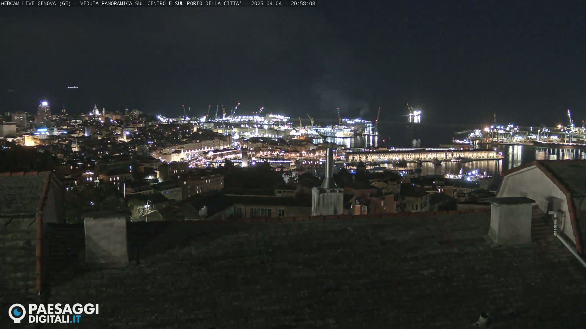 A nighttime, panoramic view of a city's illuminated harbor and buildings.