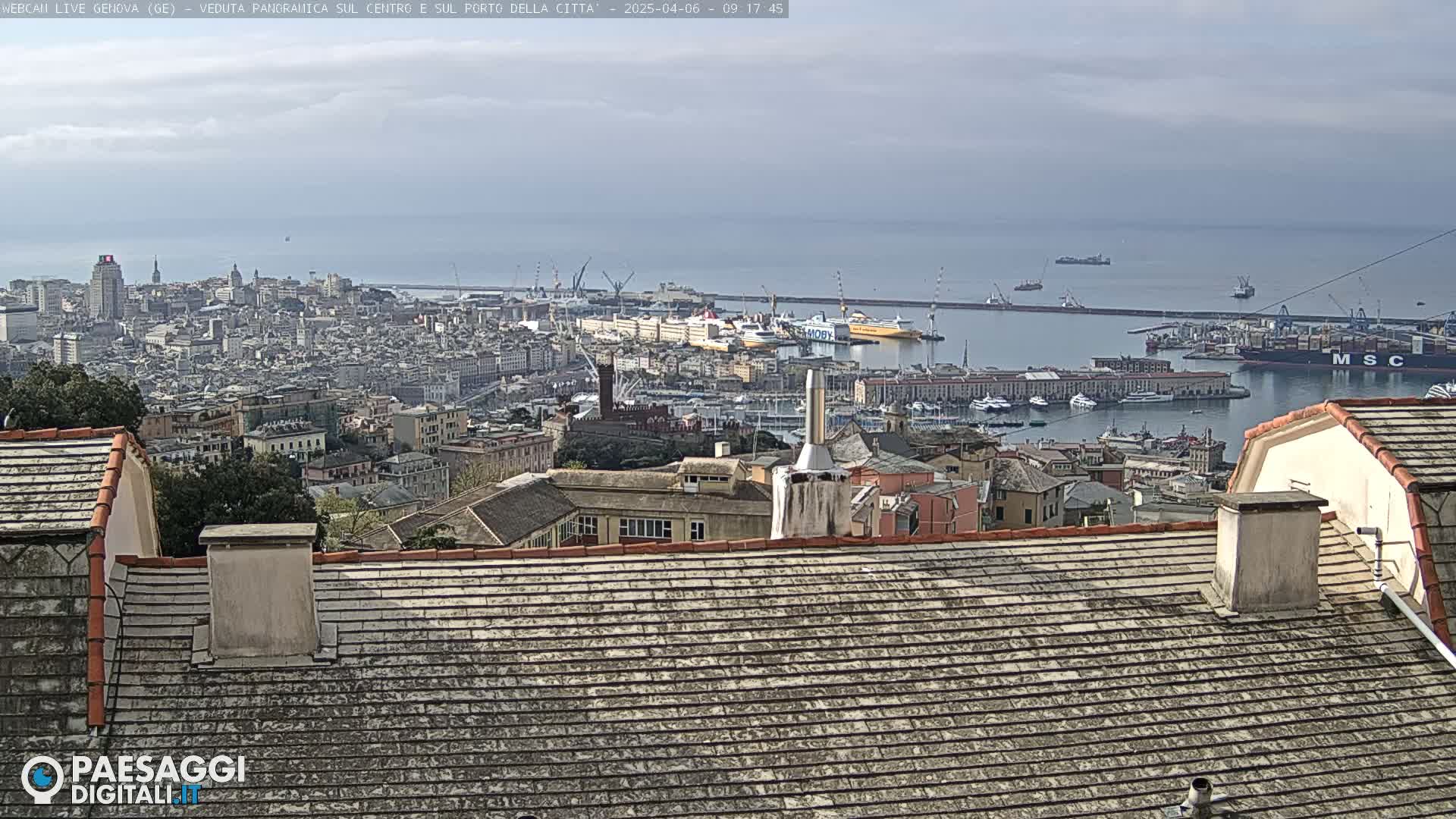 A panoramic view of a city and harbor on a partly cloudy day, seen from a rooftop.