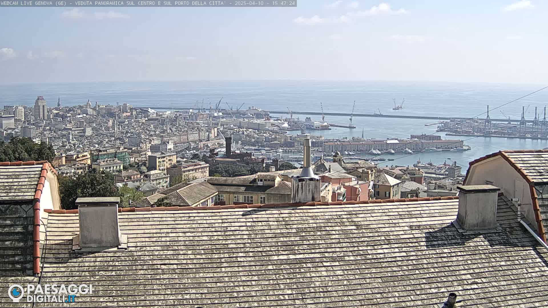 A panoramic view of a city and harbor on a partly sunny day, showing many buildings and a large body of water with numerous ships and cranes.
