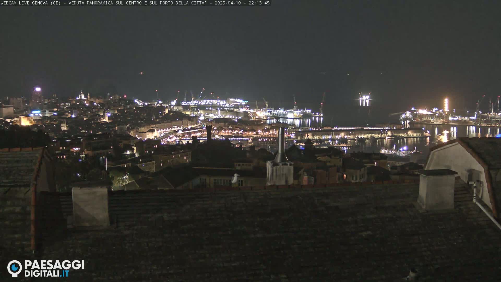 A nighttime panoramic view of a city and harbor, showing many lights illuminating buildings and docks under a clear, dark sky.