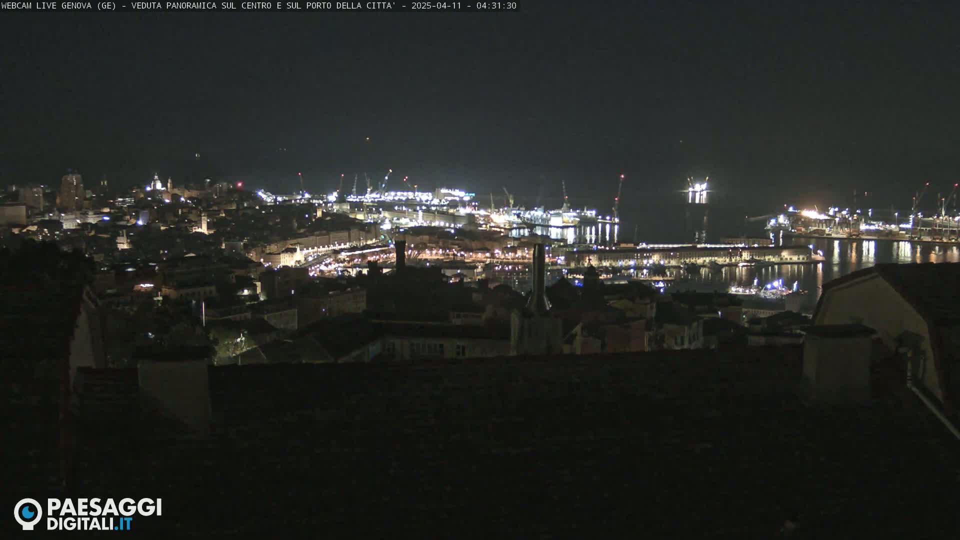 A nighttime, panoramic view of a city's harbor and illuminated cityscape.