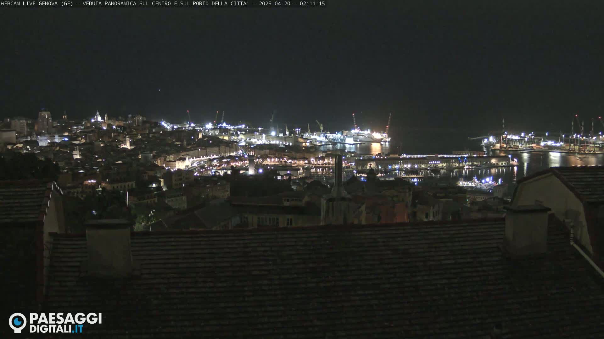 A nighttime, panoramic view of a city and harbor, illuminated by numerous lights.