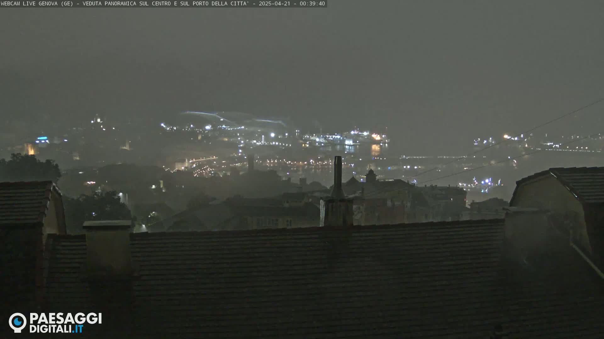 A nighttime view of a city harbor obscured by heavy rain, showing dimly lit buildings and ships in the distance.