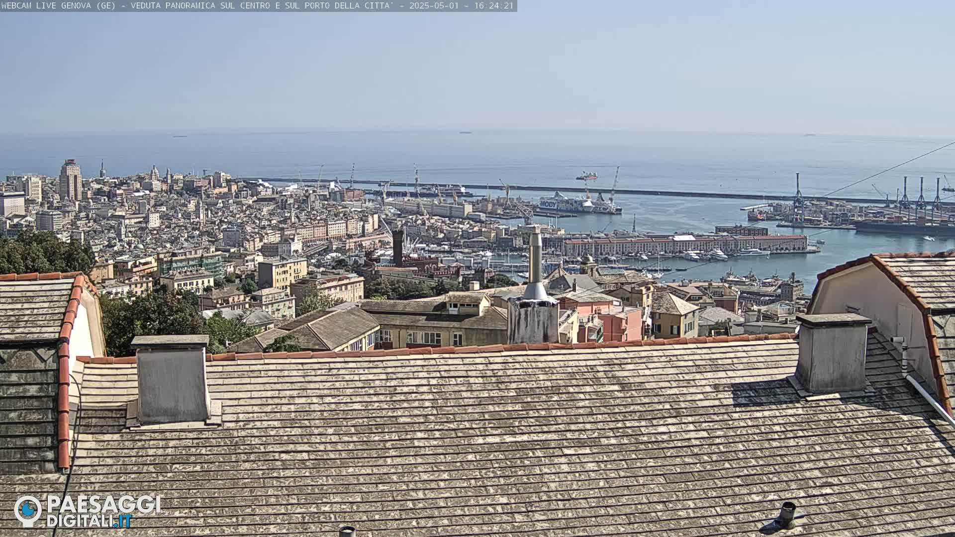 A panoramic view of a city and harbor on a sunny day, overlooking a large body of water.