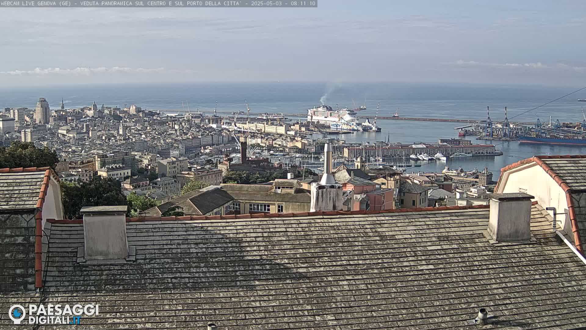 A sprawling city overlooks a harbor filled with boats and ships under a mostly clear sky.
