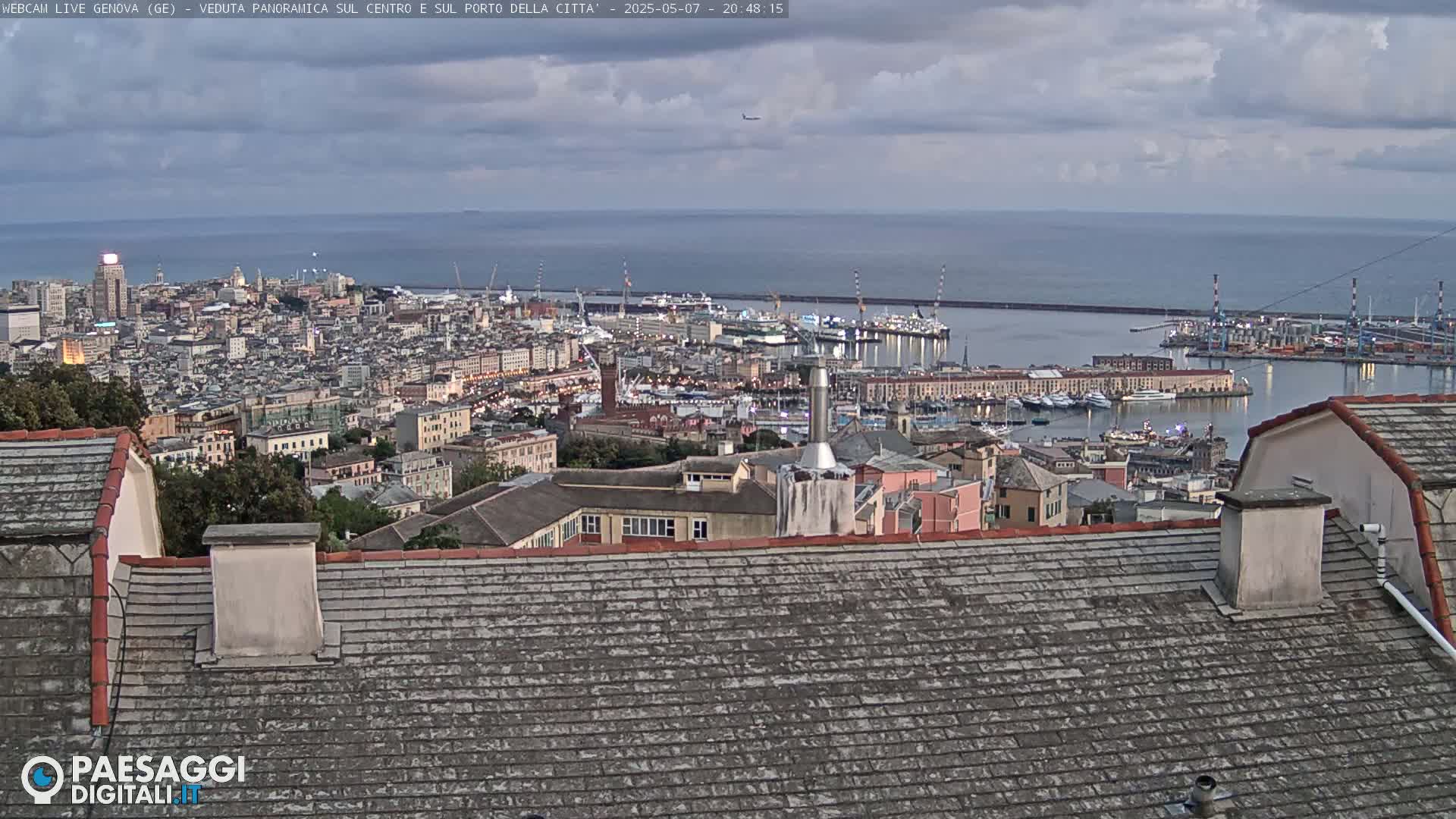 A wide shot of a city and harbor under an overcast sky, viewed from a rooftop with grey shingles.