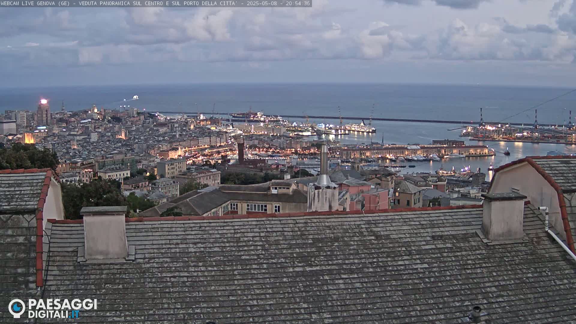 A nighttime panoramic view of a city harbor with many lights and ships, under a partly cloudy sky, as seen from a rooftop.