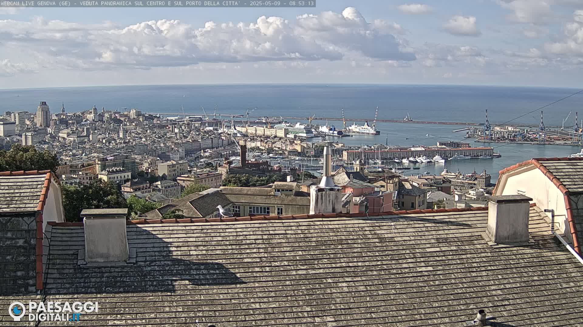 A sprawling coastal city with a large harbor filled with ships and yachts under a partly cloudy sky.