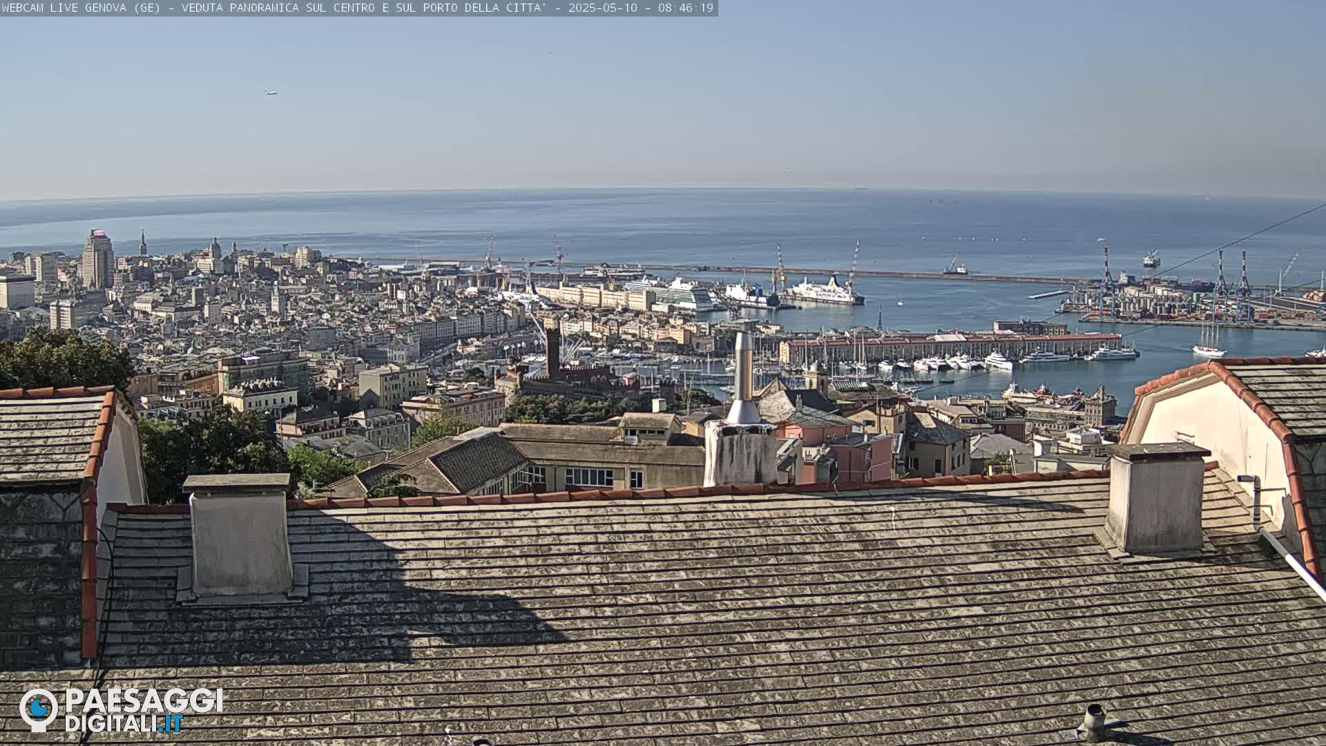 A panoramic view of a city and harbor on a sunny day, seen from a rooftop overlooking the coastline and many buildings.