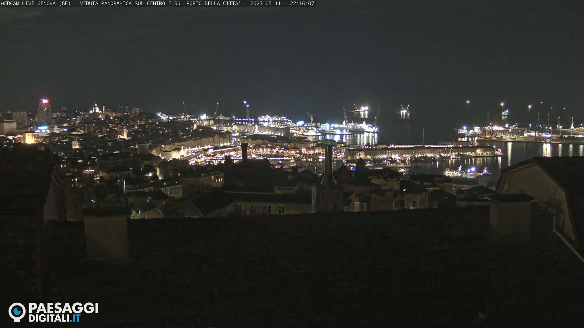 A nighttime, panoramic view of a city's illuminated harbor and buildings.