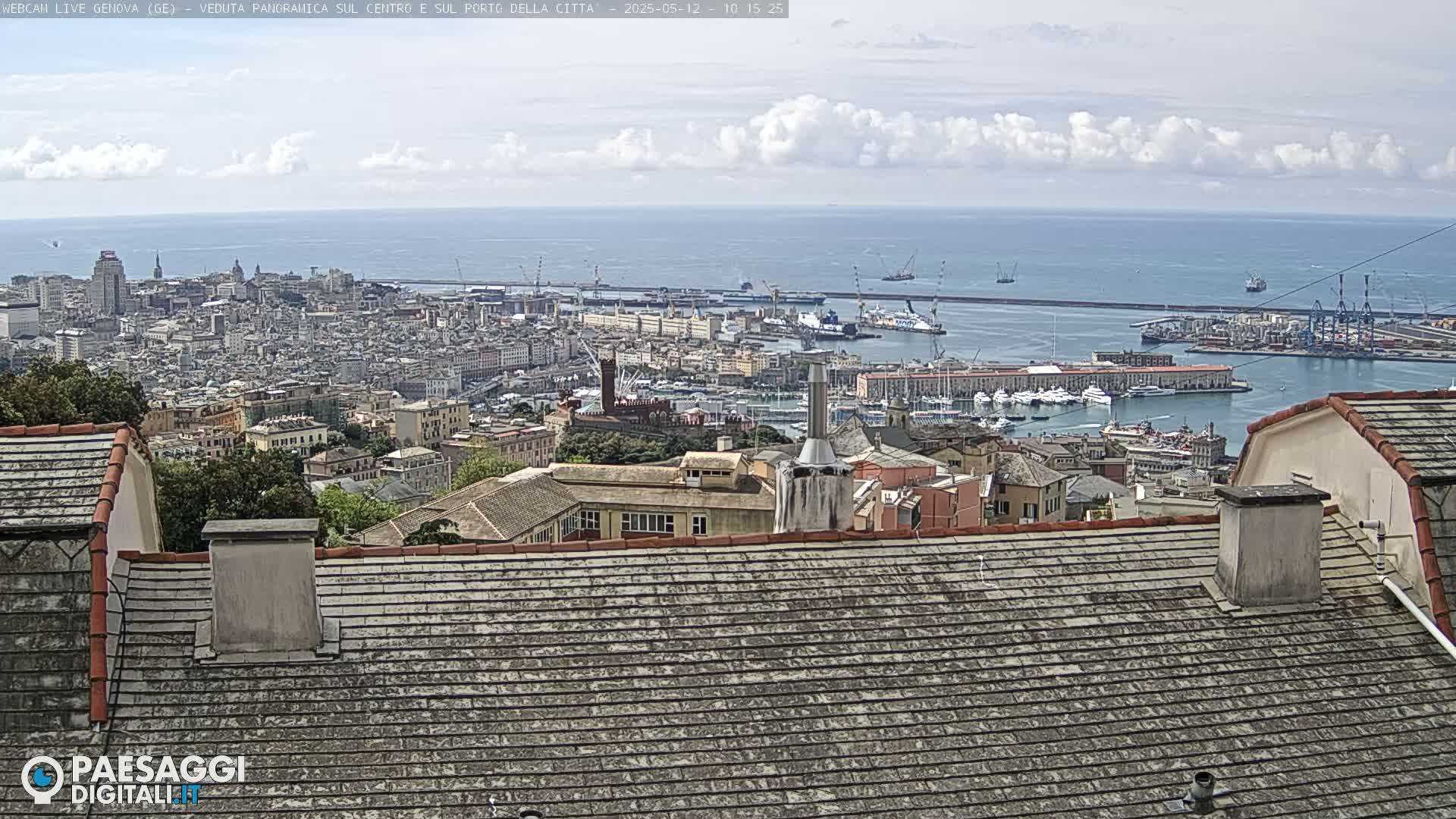 A panoramic view of a city and harbor on a partly cloudy day, seen from a rooftop.