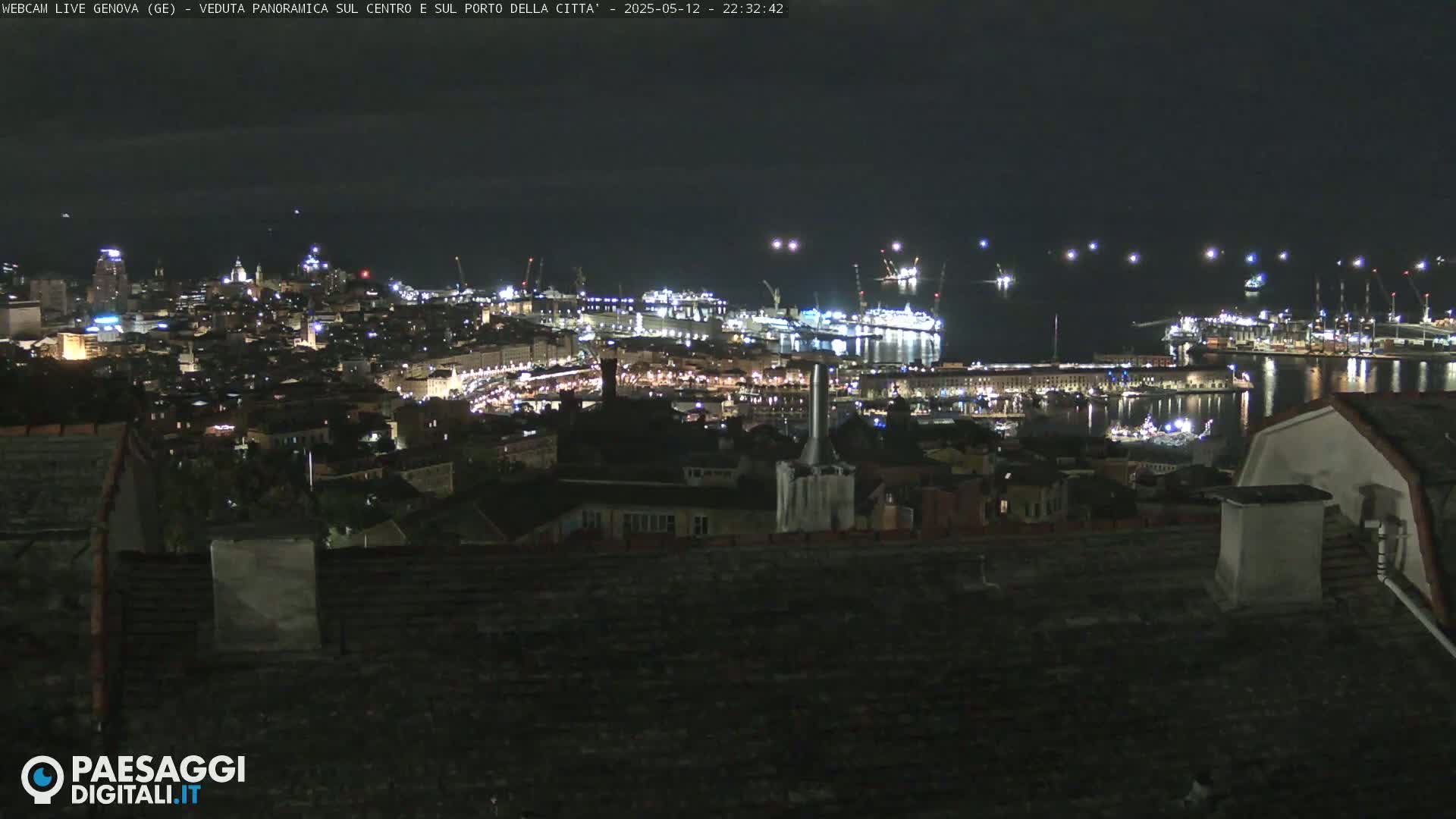 A nighttime, panoramic view of a city's harbor and illuminated cityscape, extending to the dark waters beyond.