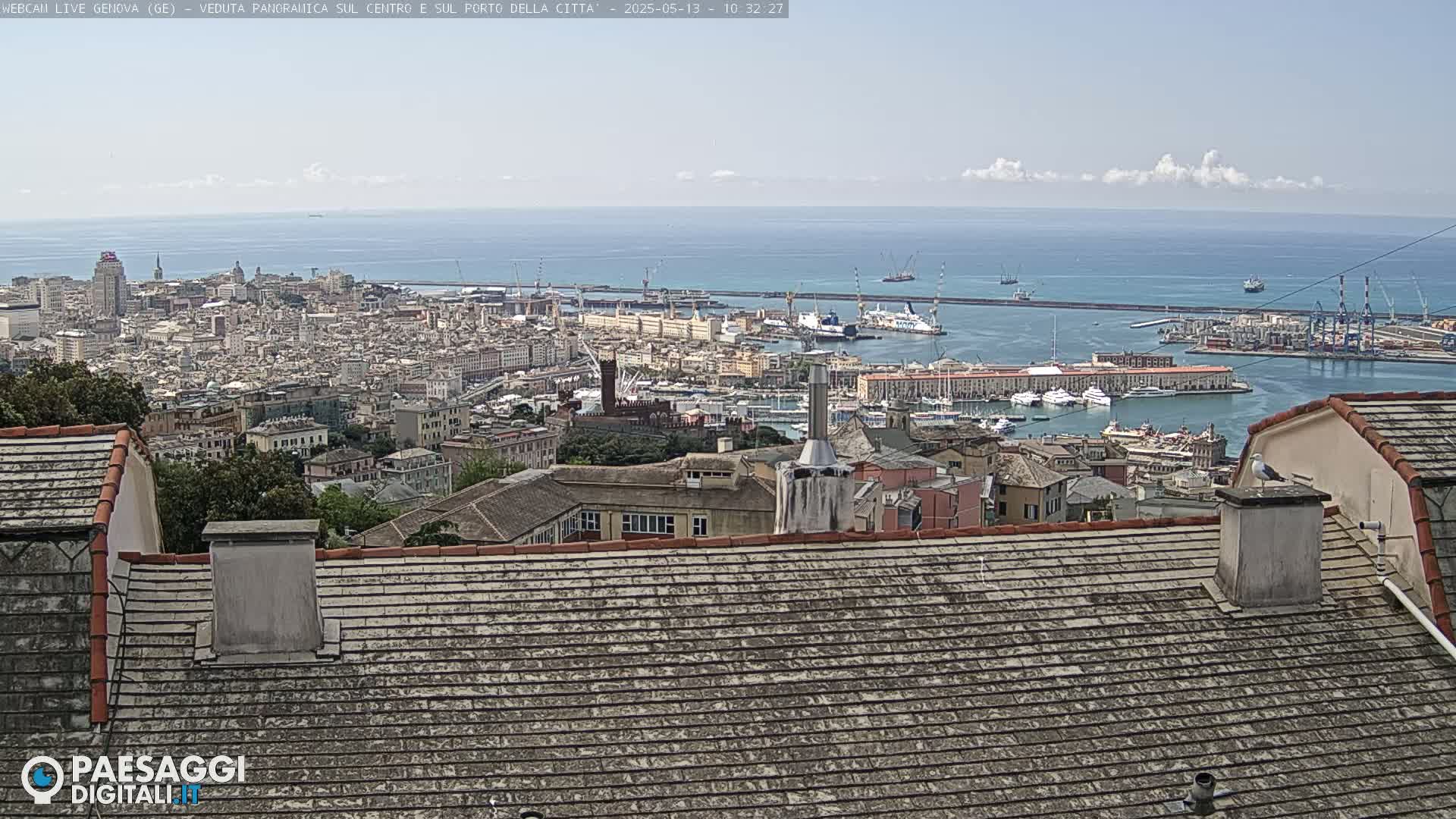 A panoramic view of a city harbor with many buildings and boats under a partly cloudy sky.