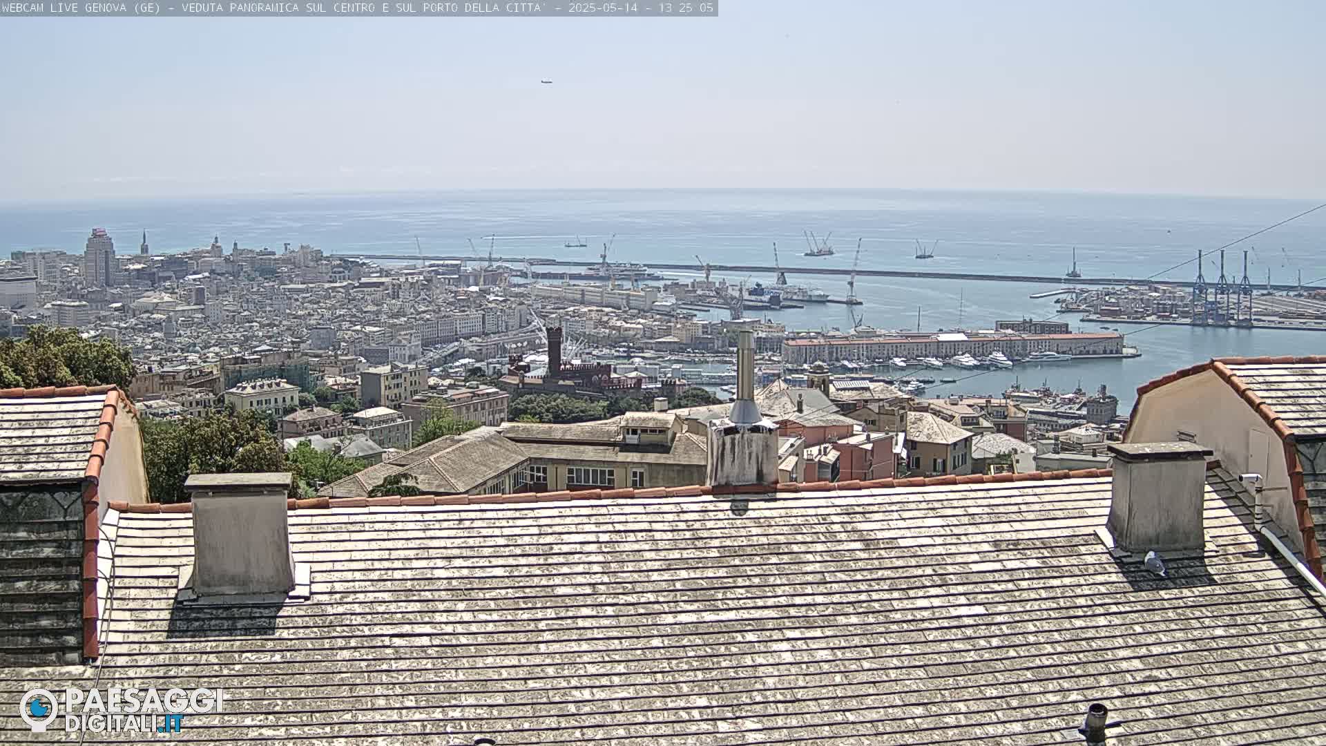 A panoramic view of a city and harbor on a sunny day, seen from a rooftop with gray shingles.