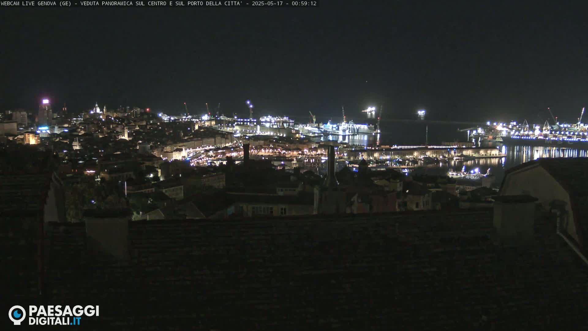 A nighttime, panoramic view of a city's illuminated harbor and buildings.
