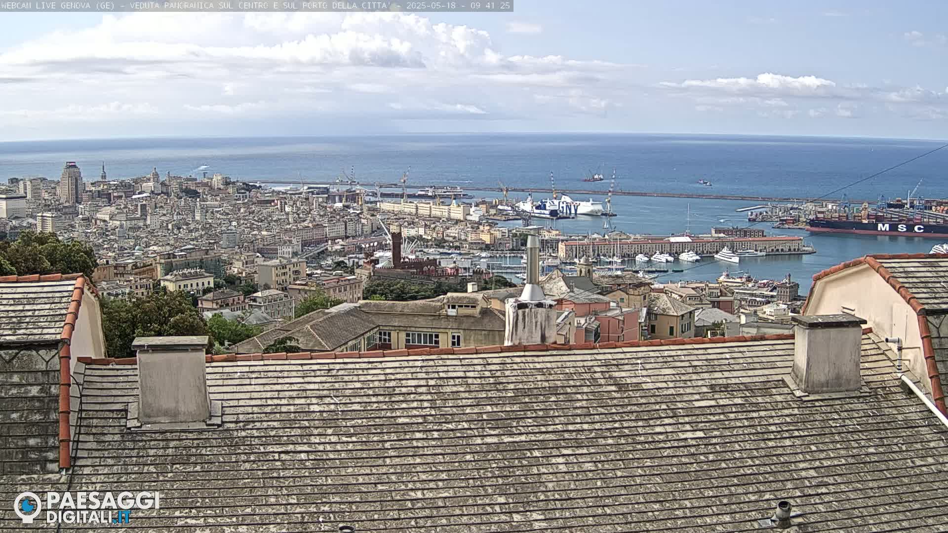A panoramic view of a city harbor with many ships and buildings under a partly cloudy sky.