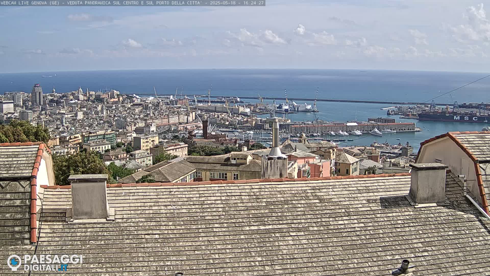 A panoramic view of a city and harbor on a partly cloudy day, showing a large body of water and numerous ships in the port, seen from a high vantage point.
