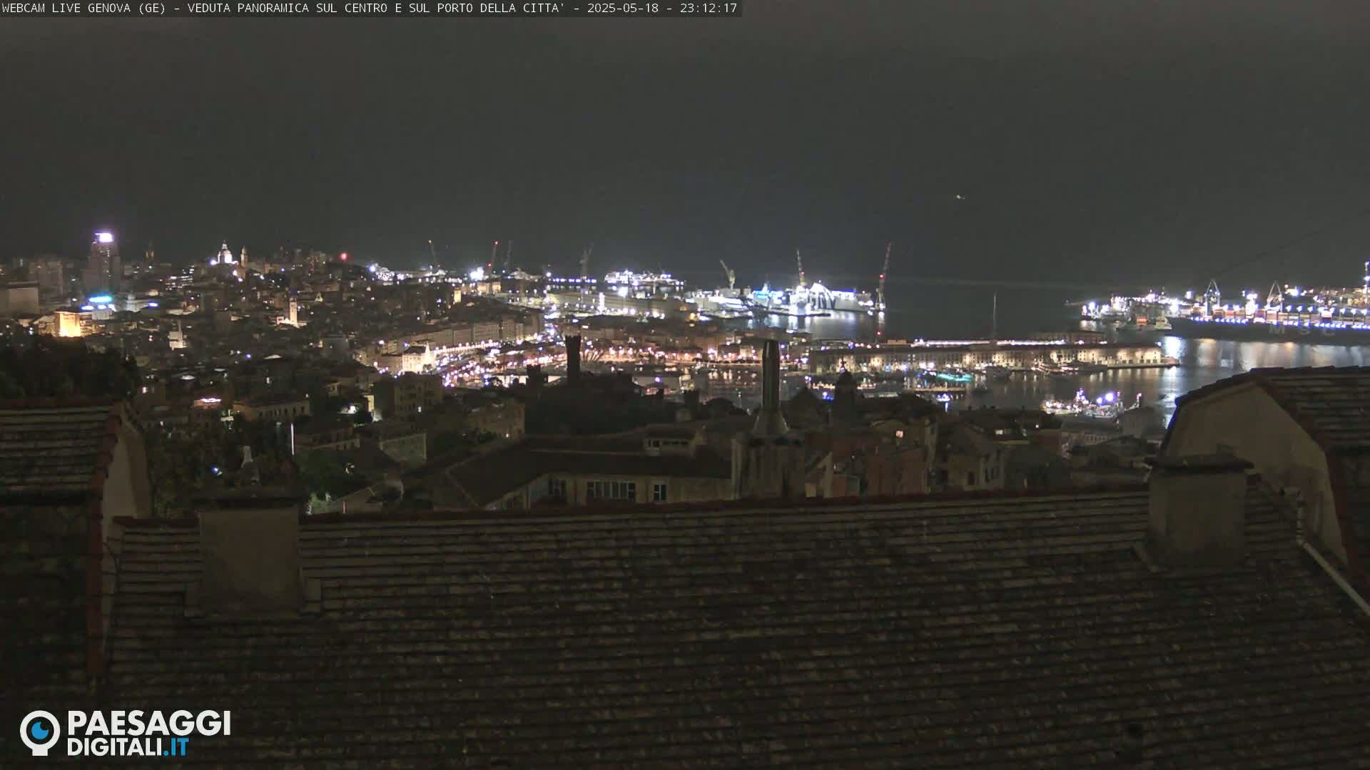 A nighttime, panoramic view of a city's harbor and illuminated cityscape, showing numerous ships and buildings.