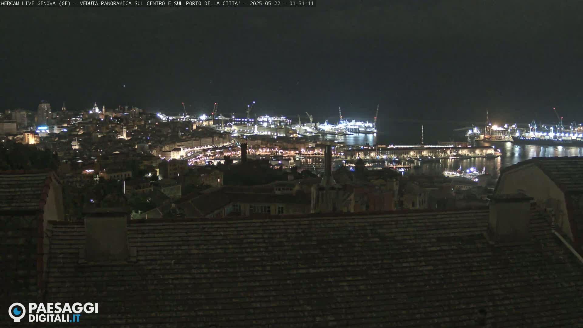 A nighttime panoramic view of a city's illuminated harbor and buildings from a rooftop vantage point.