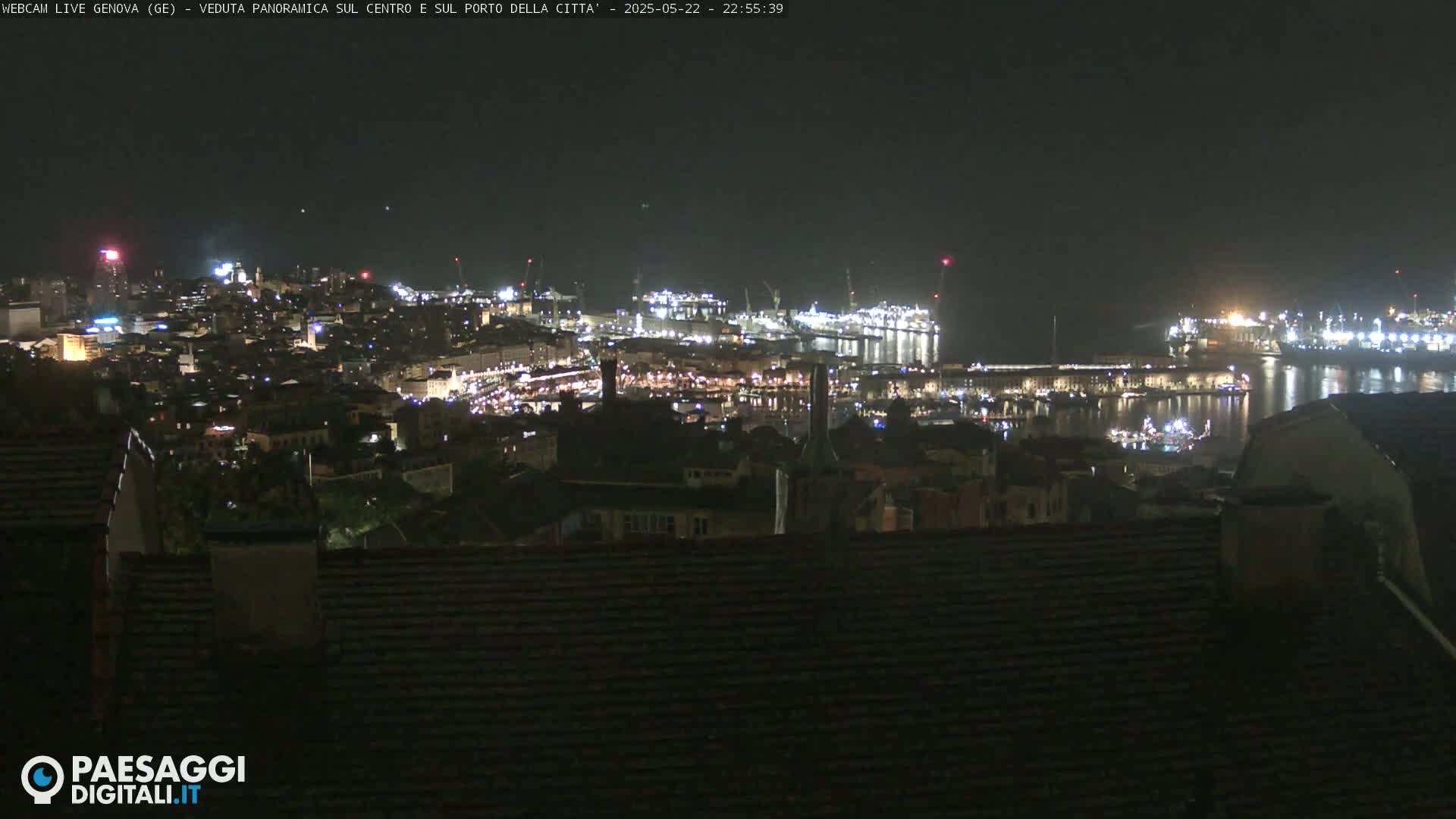 A nighttime, panoramic view of a city's harbor and illuminated cityscape.