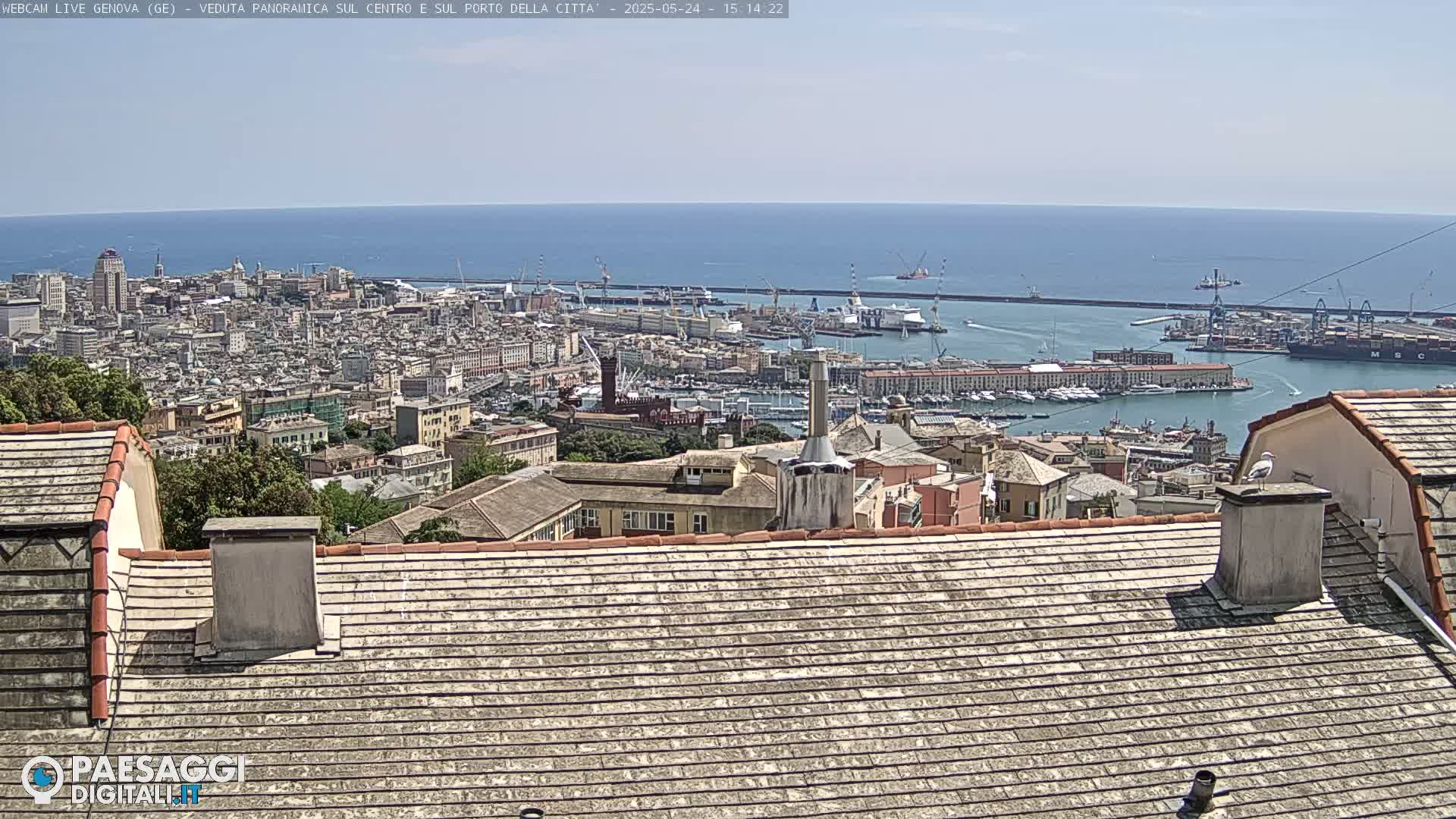 A panoramic view of a city and harbor on a sunny day, with a large body of water in the background.