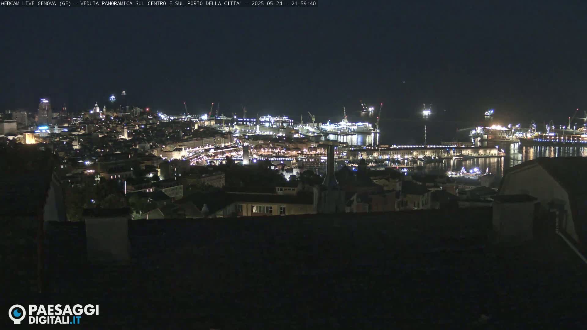 A nighttime panoramic view of a city and harbor, with many lights illuminating buildings and ships.