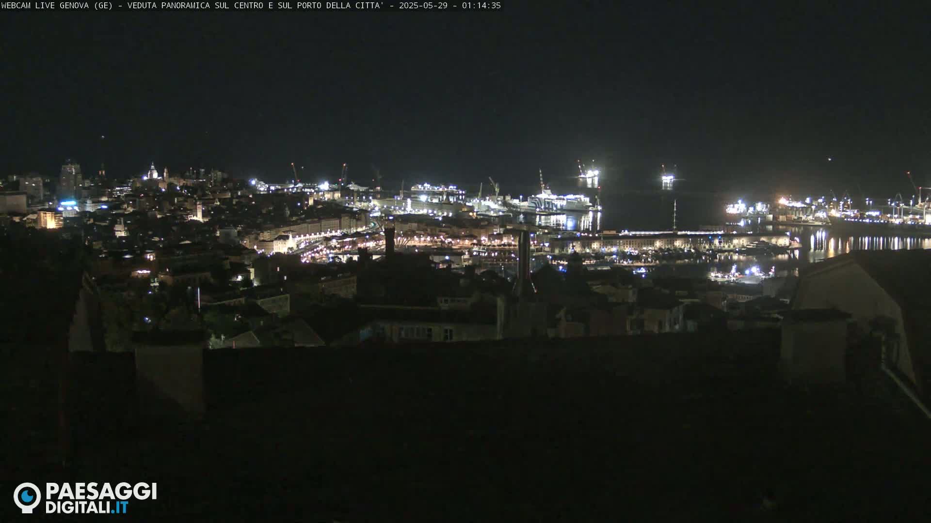 A nighttime, panoramic view of a city and harbor with many lights illuminating the buildings and docked ships.