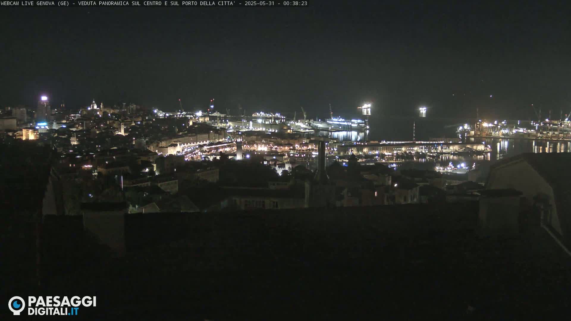 A nighttime panoramic view of a city harbor with numerous lights illuminating buildings and ships.