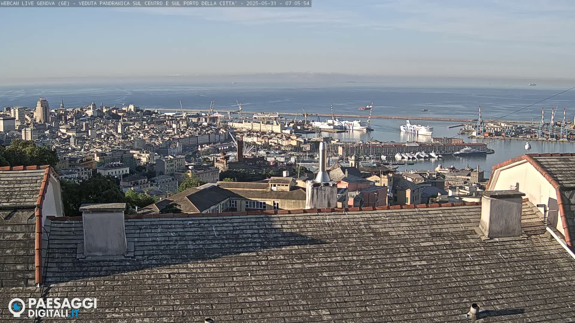 A panoramic view of a city and harbor on a clear day, with the city extending to a calm sea in the background.