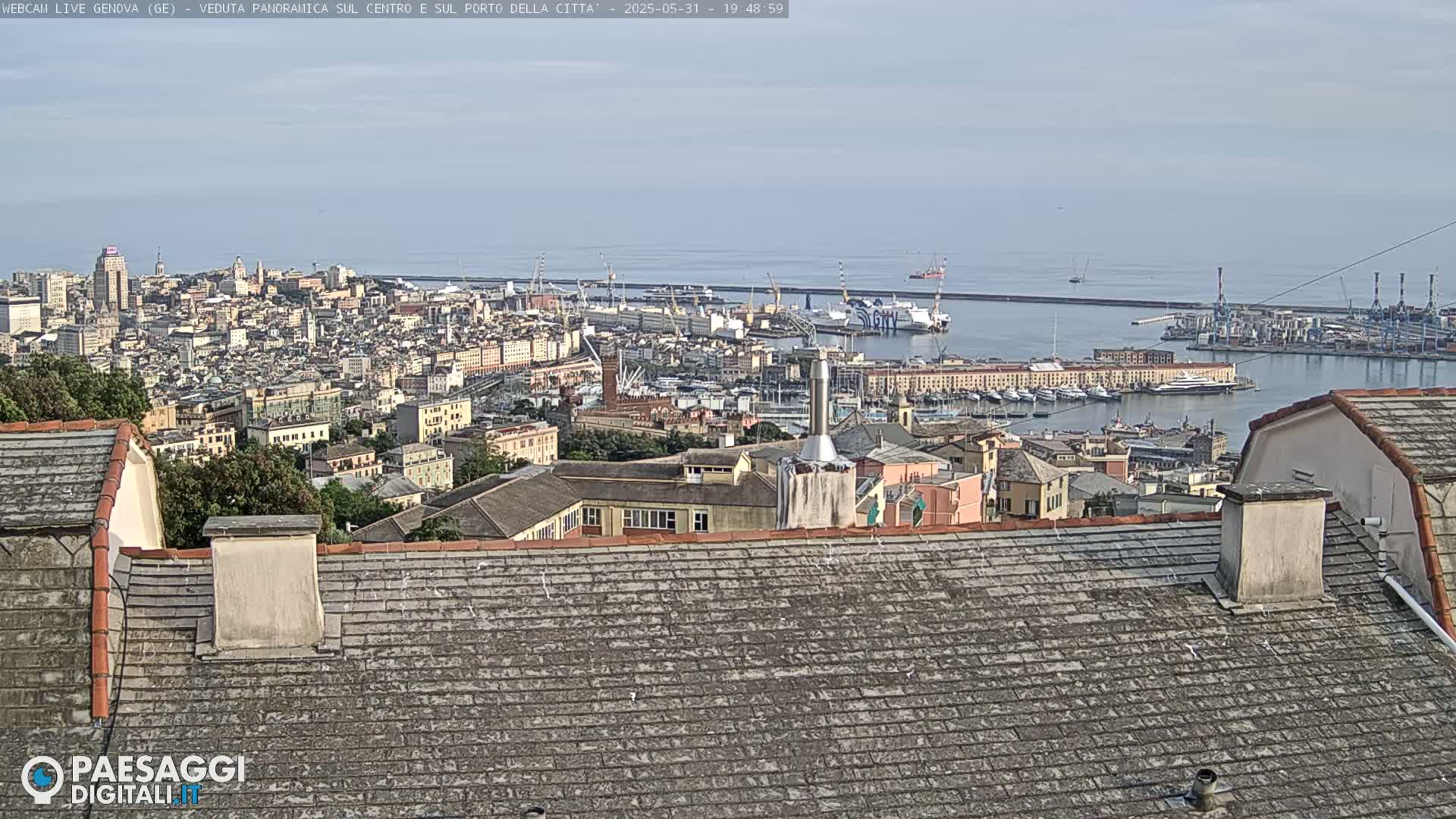 A panoramic view of a city and harbor on a hazy day, seen from atop a building with a gray shingled roof.