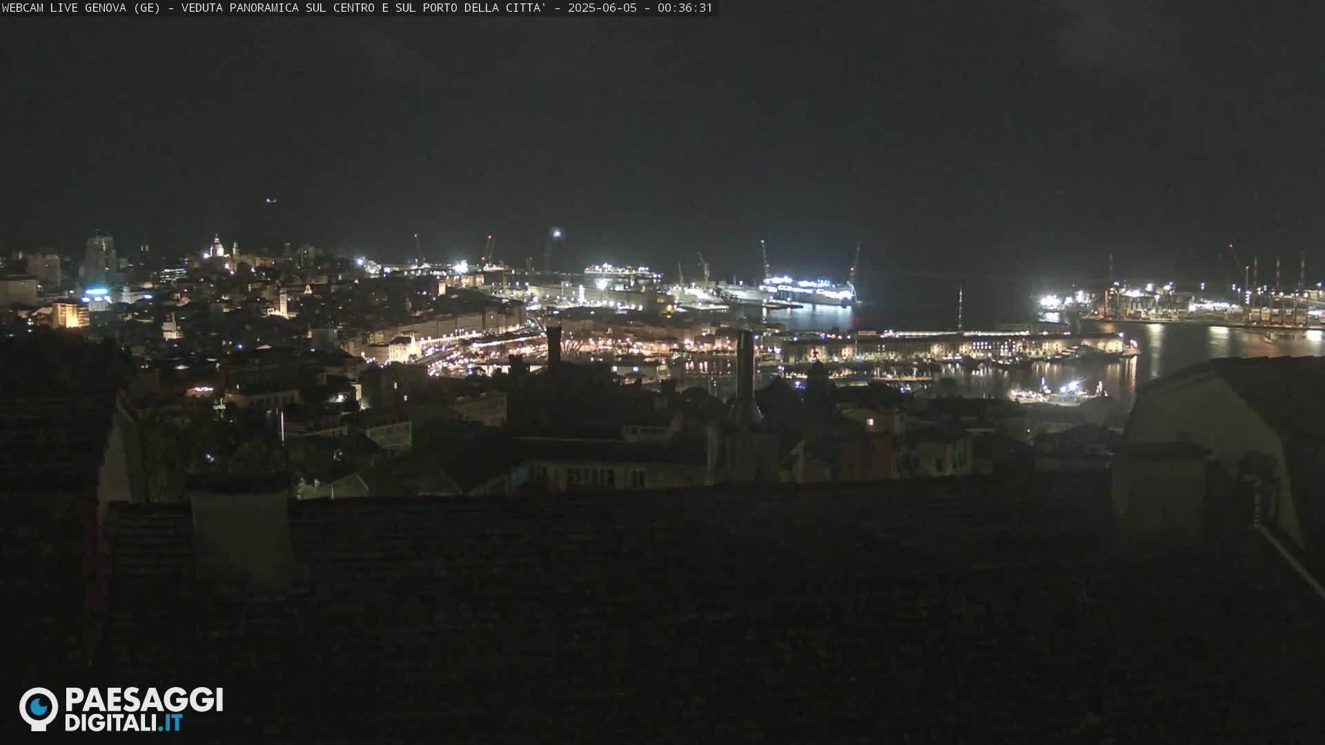 A nighttime panoramic view of a city and harbor, illuminated with lights, under a dark sky.