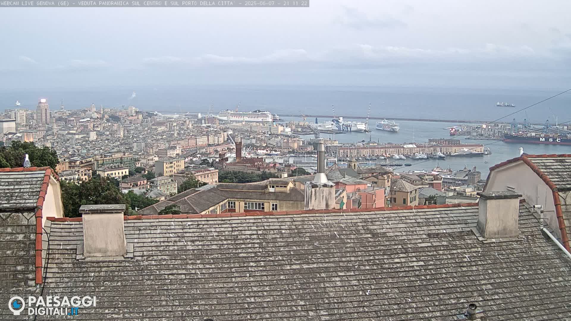 A panoramic view of a city and harbor on an overcast day shows many buildings, ships, and a partially visible body of water.