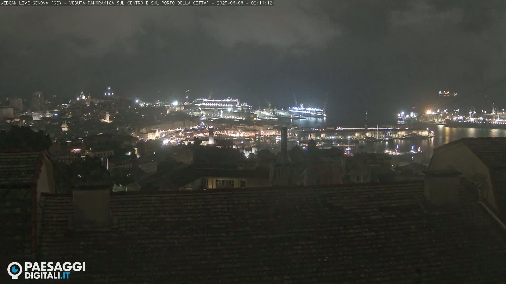 A nighttime panoramic view of a city harbor with numerous lights and ships, under a cloudy sky.