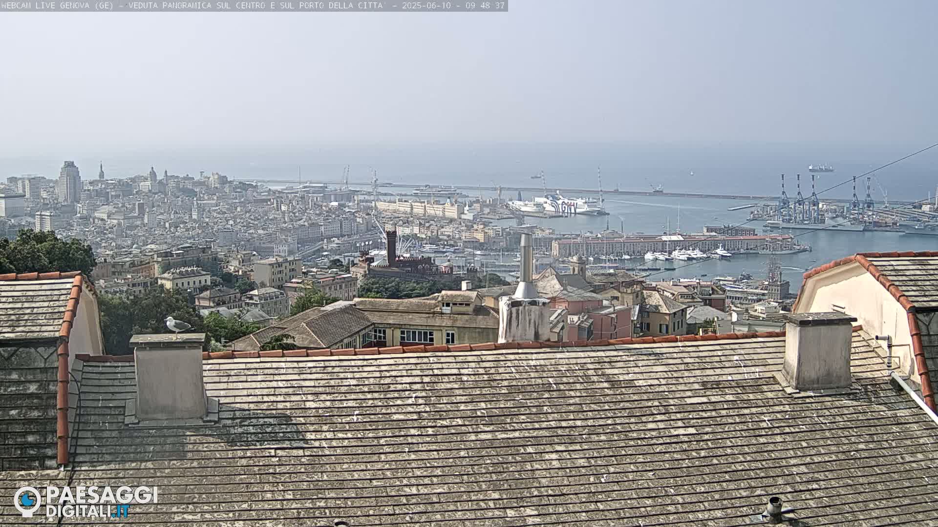 A hazy, sunny day overlooks a sprawling city with a large harbor filled with ships and boats.