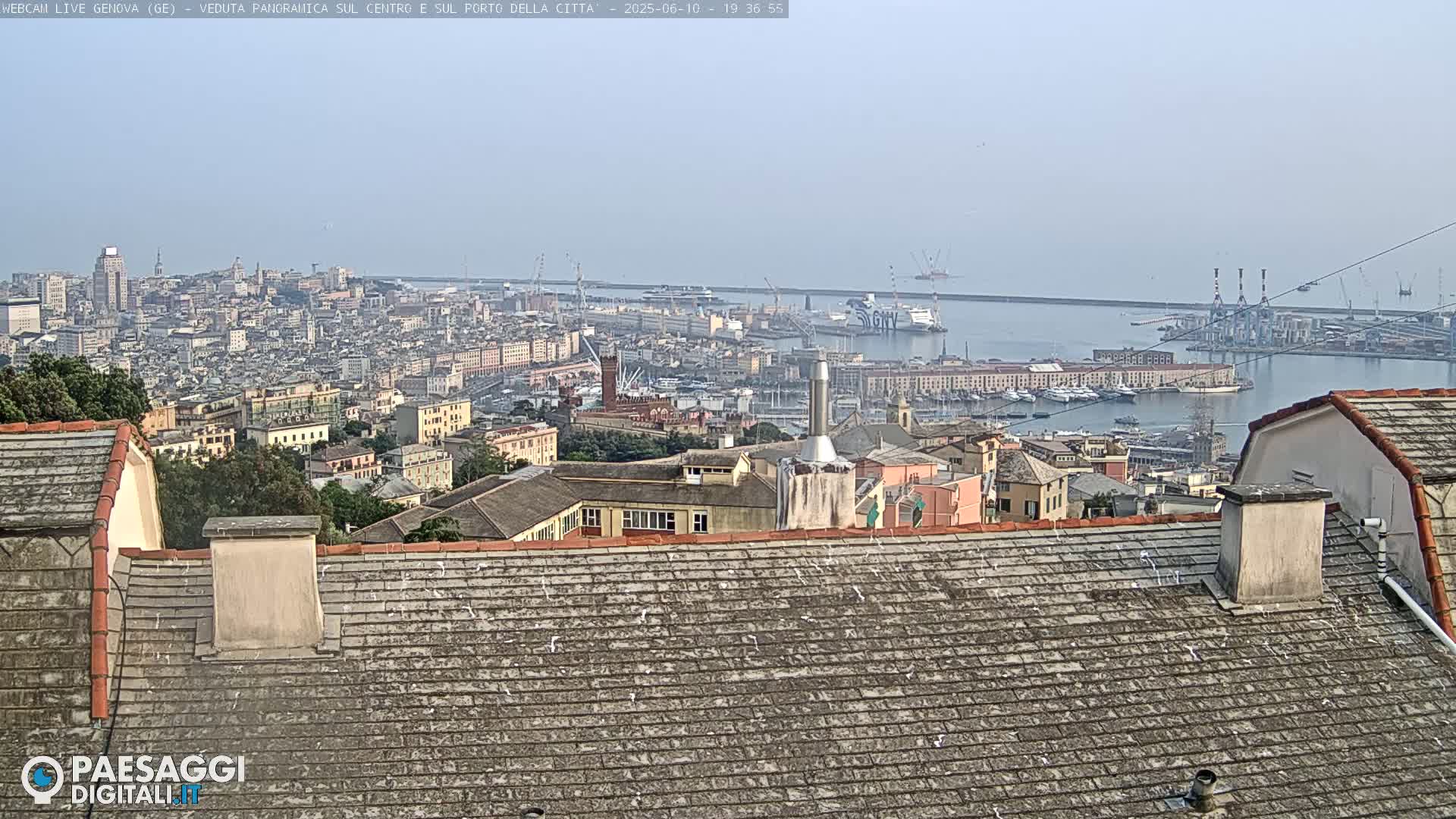 A hazy view of a city and harbor, seen from a rooftop with aged grey shingles.