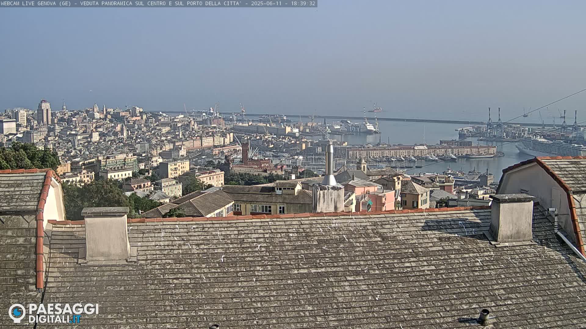A hazy, sunny day overlooks a sprawling city and its busy port, as seen from a rooftop with grey shingled roofing.