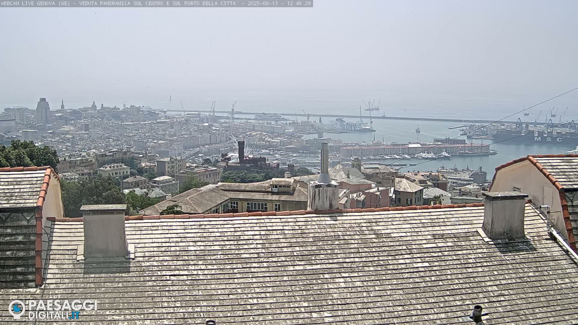 A hazy, sunny day overlooks a city harbor filled with boats and ships, as seen from a rooftop.