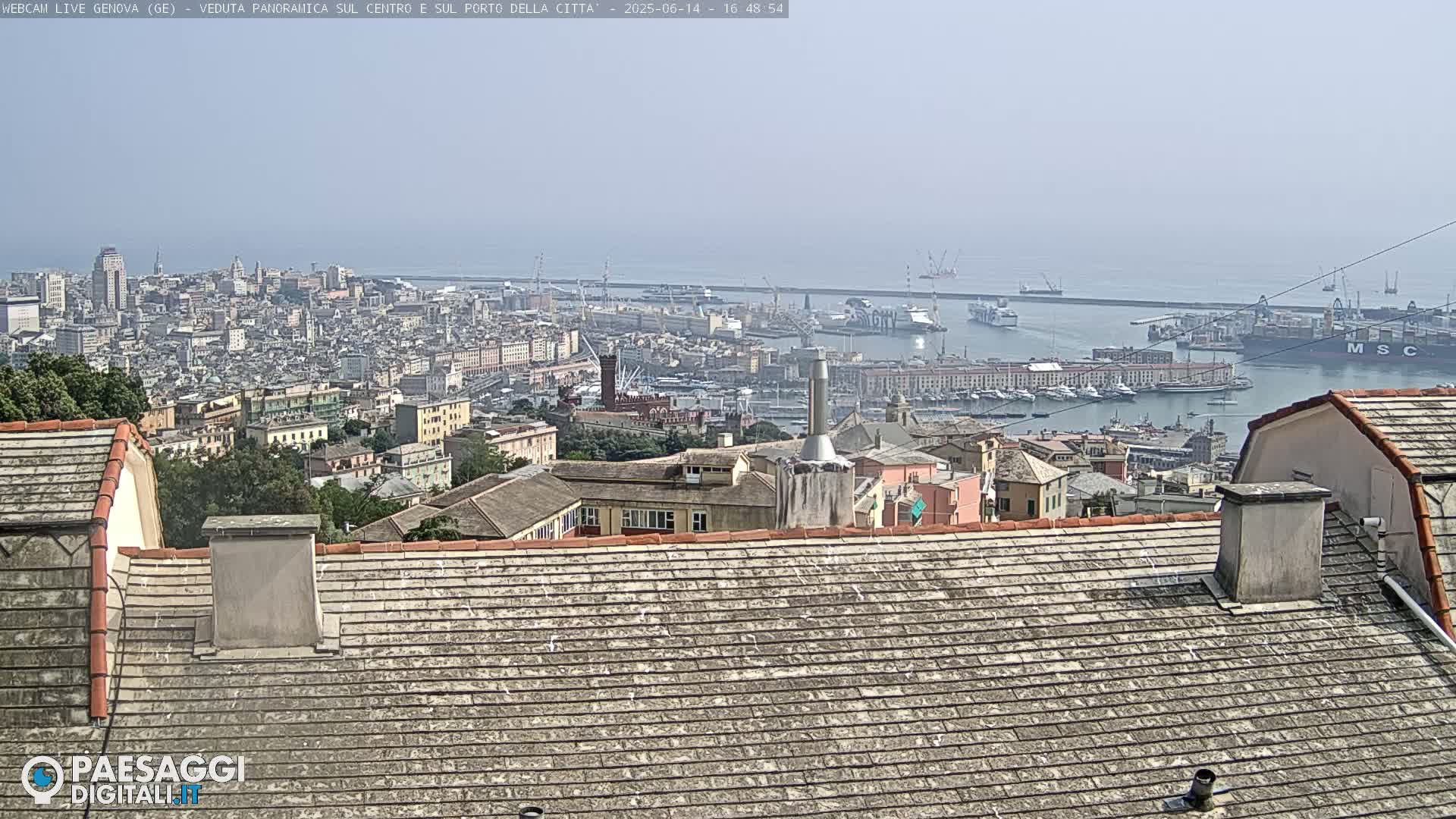 A hazy, sunny day overlooking a sprawling city and its busy port, viewed from a rooftop.