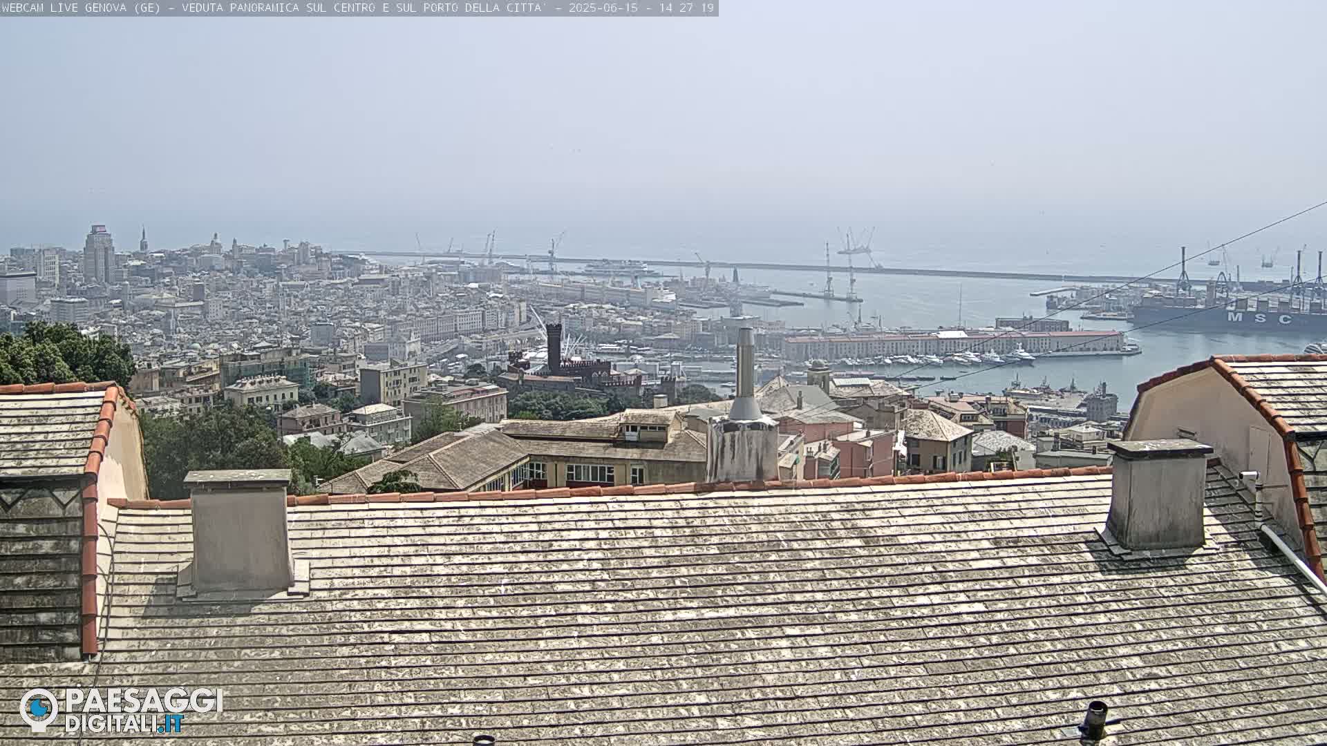 A hazy view of a city and harbor from a rooftop, showing many buildings and ships on a partly sunny day.